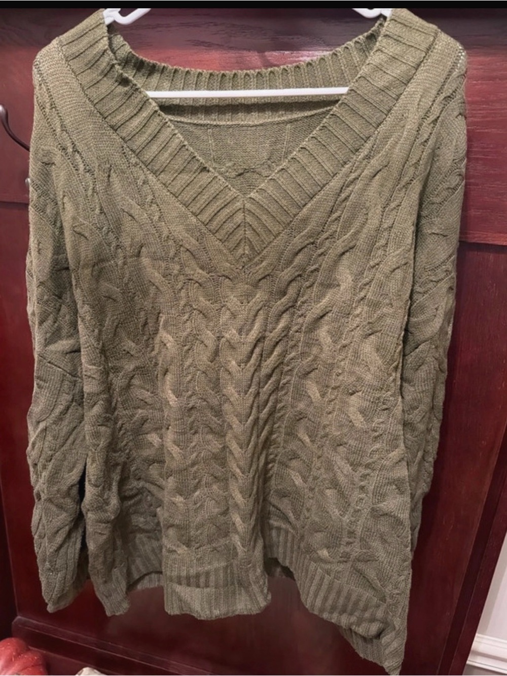SHEIN Olive Green Cable Knit V-Neck Sweater